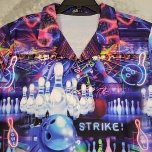 ACE Bowling Graphic Neon Blue‎ Purple Short Sleeve Button Up Shirt Mens Large